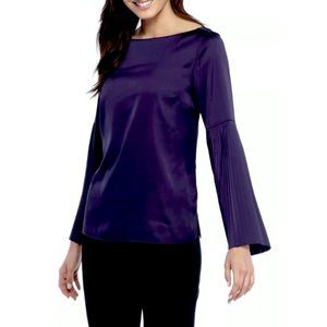 NWT The Limited Astral Aura Purple Women Satin Pleated Bell Long Sleeve Blouse
